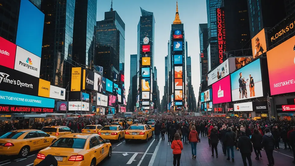Wide angle view of Times Square filled with tourists and flashing lights
