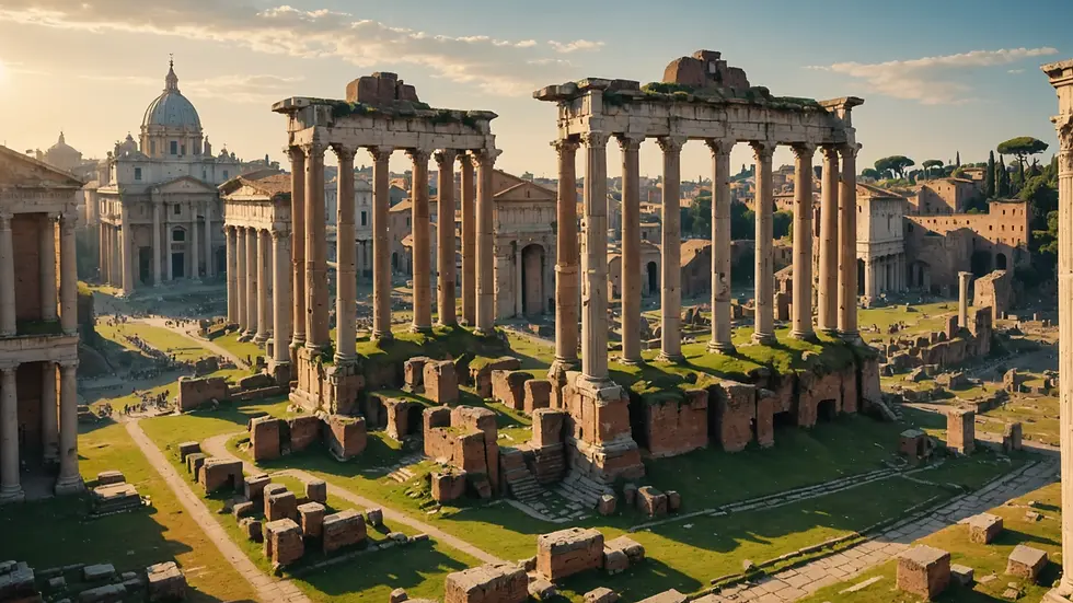 Eye-level view of the Roman Forum with ancient ruins and the towering pillars