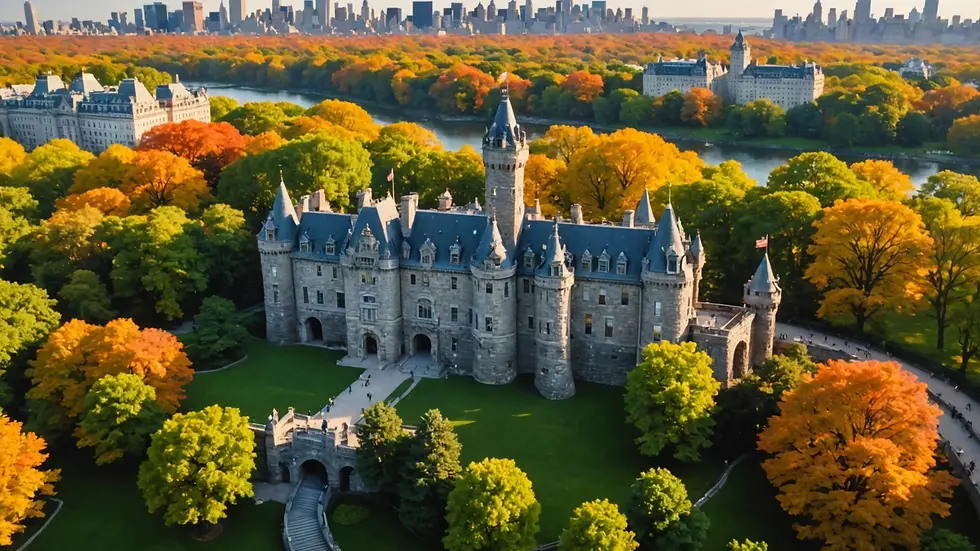 High angle view of Belvedere Castle perched atop a hill in Central Park