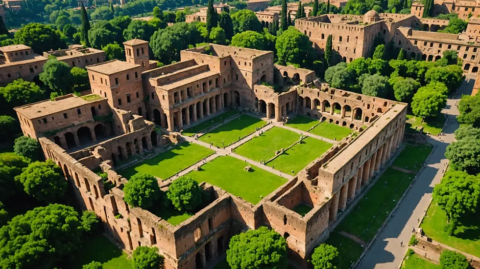 High angle view of Palatine Hill with lush greenery and ancient ruins