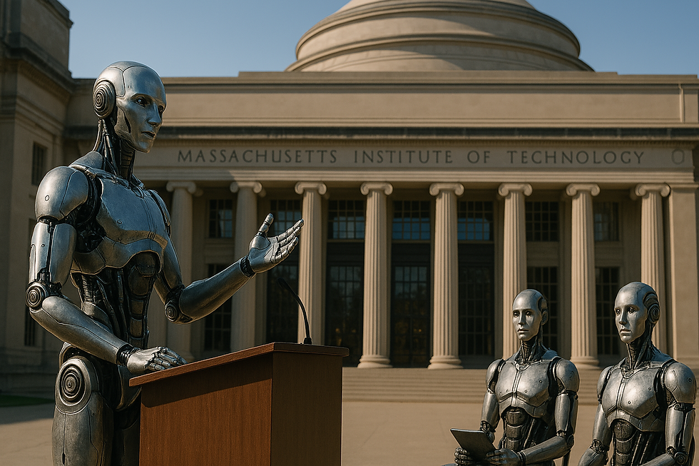 A humanoid robot gives a speech in front of the Massachusetts Institute of Technology building, addressing a small group of listening robots.