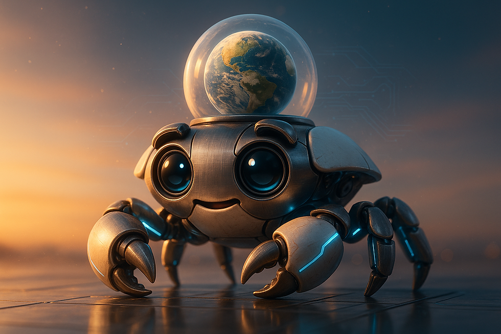 A cute metallic robotic crab designed like Toyota’s Walk Me walking wheelchair, carrying a transparent glass dome with Earth inside symbolizing global mobility innovation.