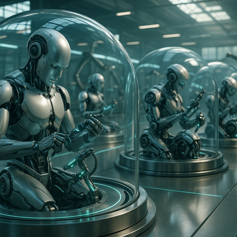 A 4K photorealistic view of an advanced robotic factory with transparent glass domes where humanoid robots operate autonomously a clean, intelligent industrial ecosystem powered by Strands Agents in industrial automation.