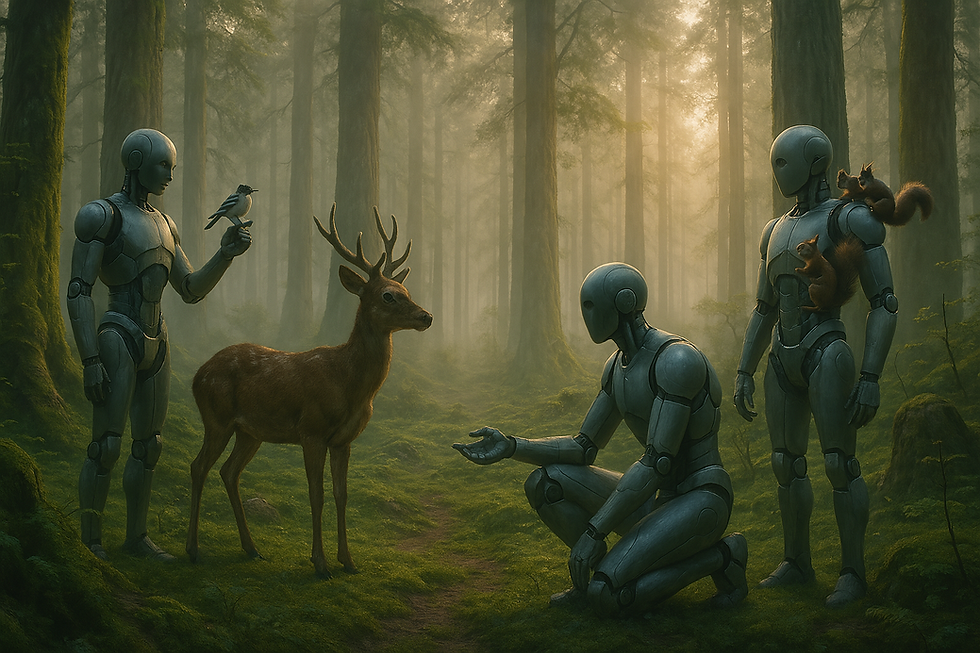Humanoid robots interacting peacefully with wild animals in a misty forest at dawn, symbolizing AI and nature coexisting in balance.