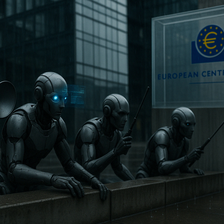 A hyper-realistic scene showing humanoid robots crouching and listening in front of the European Central Bank, symbolizing AI’s role in decoding monetary policy signals.