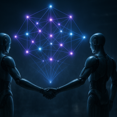 Three humanoid robots form a circle under a glowing holographic quantum tensor network in a dark lab, symbolizing collaboration in quantum innovation.