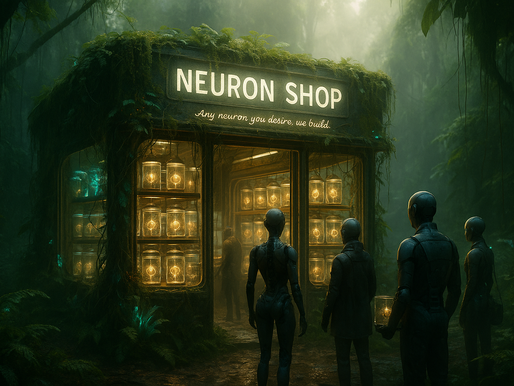 A cinematic 4K scene showing a lush, plant-filled shop named “Neuron Shop,” symbolizing the fusion of biology and artificial neurons in a living, biohybrid world.