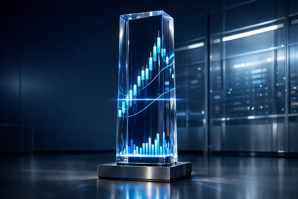 A tall crystal monolith in a high-tech financial lab contains a glowing blue trading chart embedded within the glass.