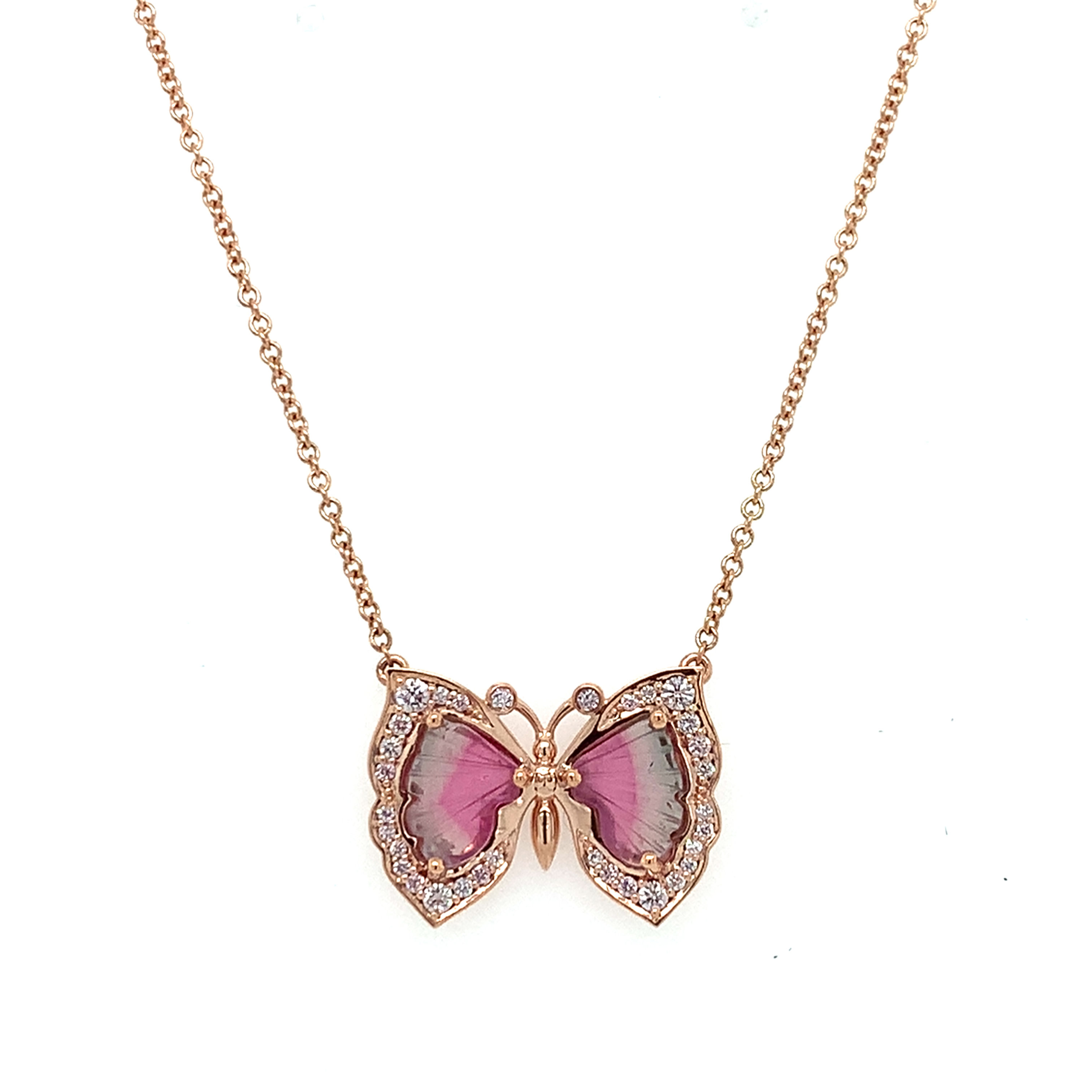 Tourmaline and diamond butterfly pendant in 18k pink gold