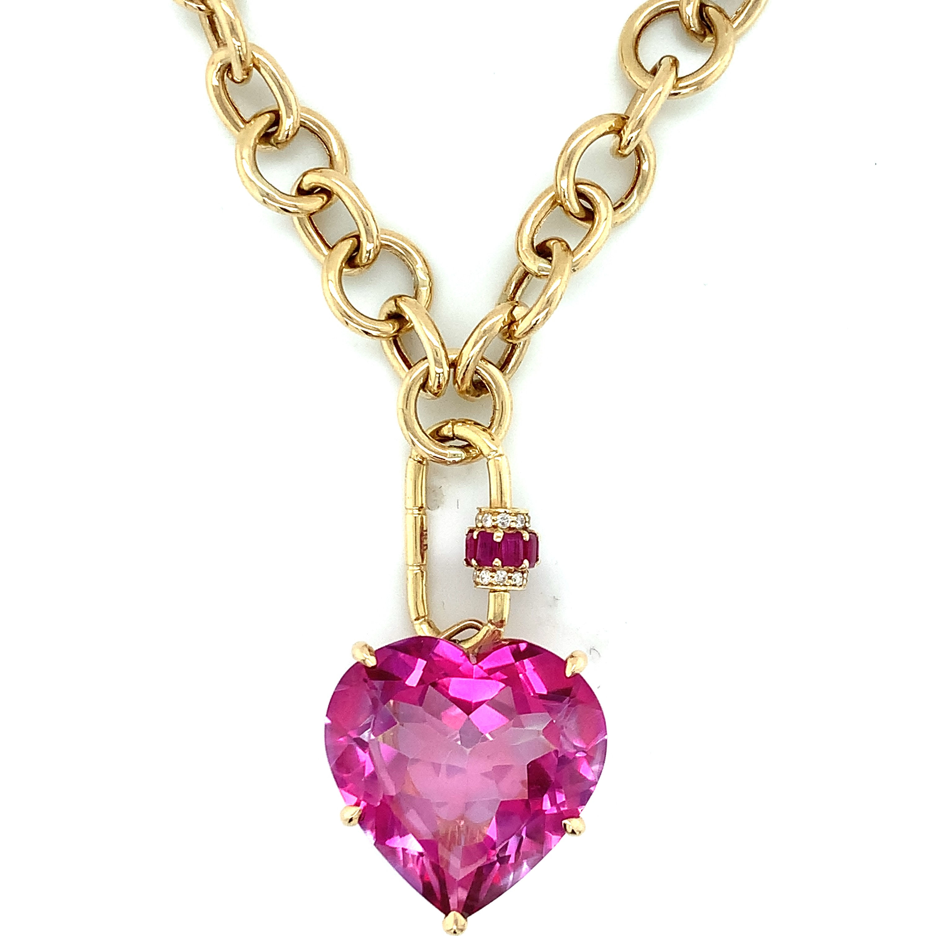Heart shaped pink topaz with diamond and ruby carabiner in 14k yellow gold chain