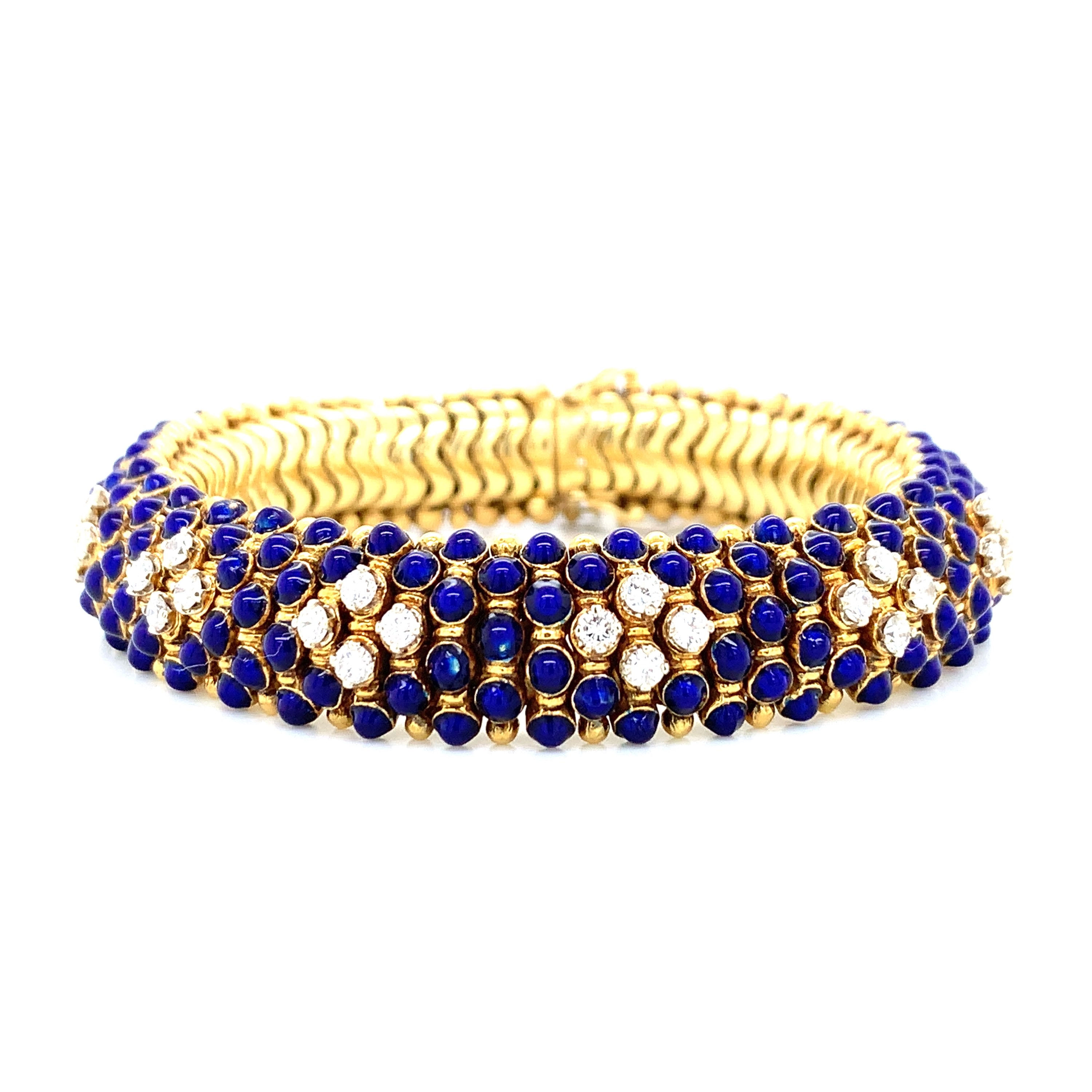 70’s 18kt yellow gold Blue enamel & diamond bracelet 