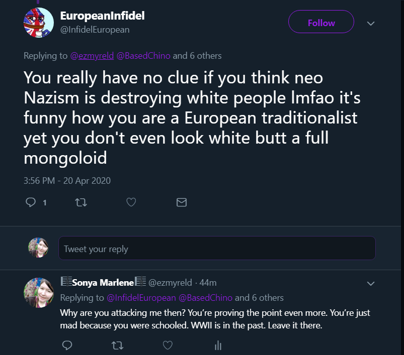 Neo Nazis attack Sonya Marlene on Twitter for her percieved ethnic background, you have asian eyes, are you asian, a white person with asian eyes, hooded eyes, europeans and Jewish people with asian eyes, hooded eyes or epicanthic folds