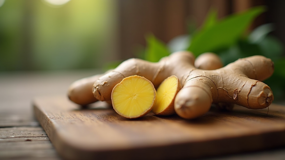 Eye-level view of fresh ginger roots on a wooden surface