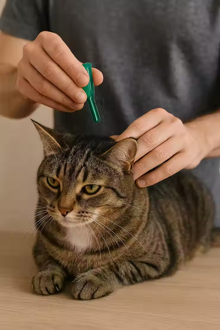 Cat calmly receiving flea treatment application between the shoulders, demonstrating proper technique for applying flea drops.