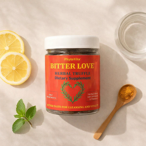 Rutina de amargos de ajenjo con el frasco Bitter Love Herbal Truffle sobre un fondo natural claro, con limón, menta y agua tibia.