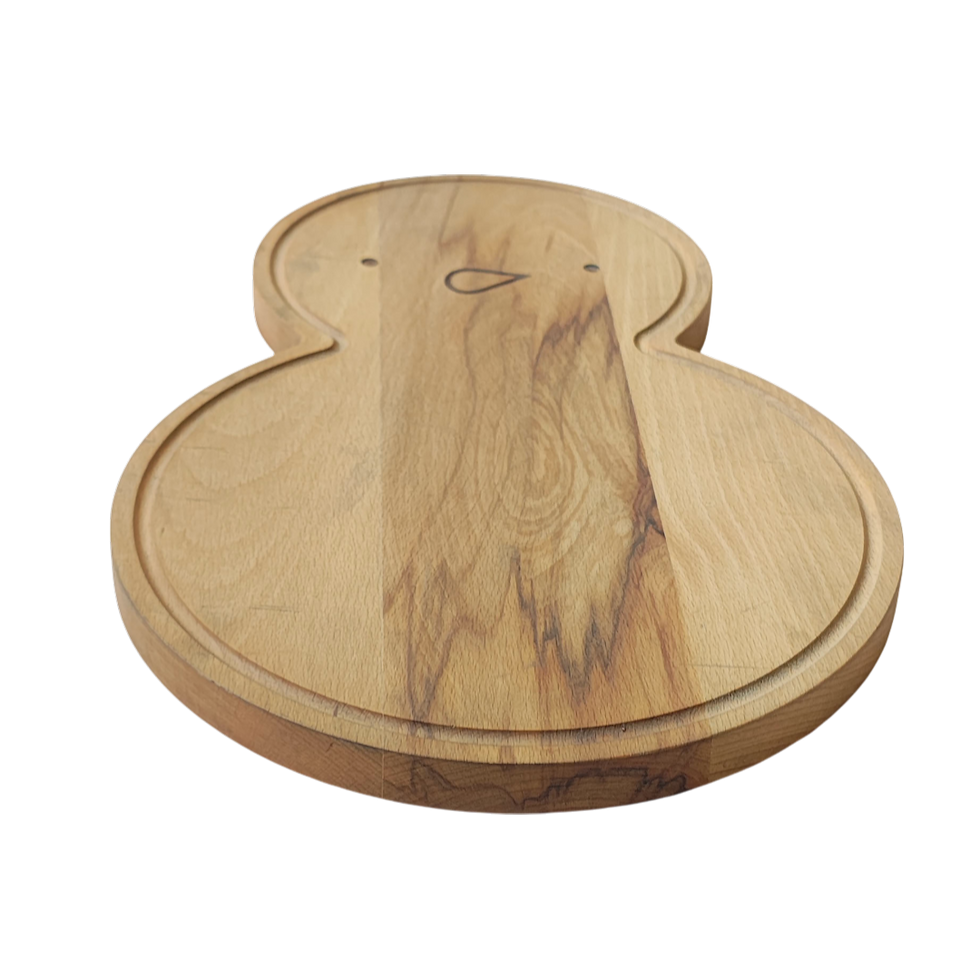 Wooden snowman-shaped board with engraved face