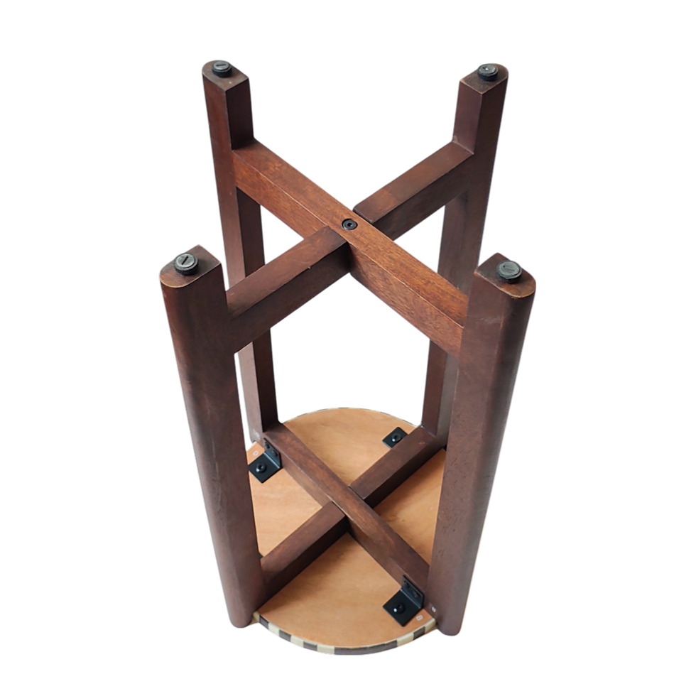 Thumbnail: Round side table with geometric top and wooden legs; wood & resin inlay top
