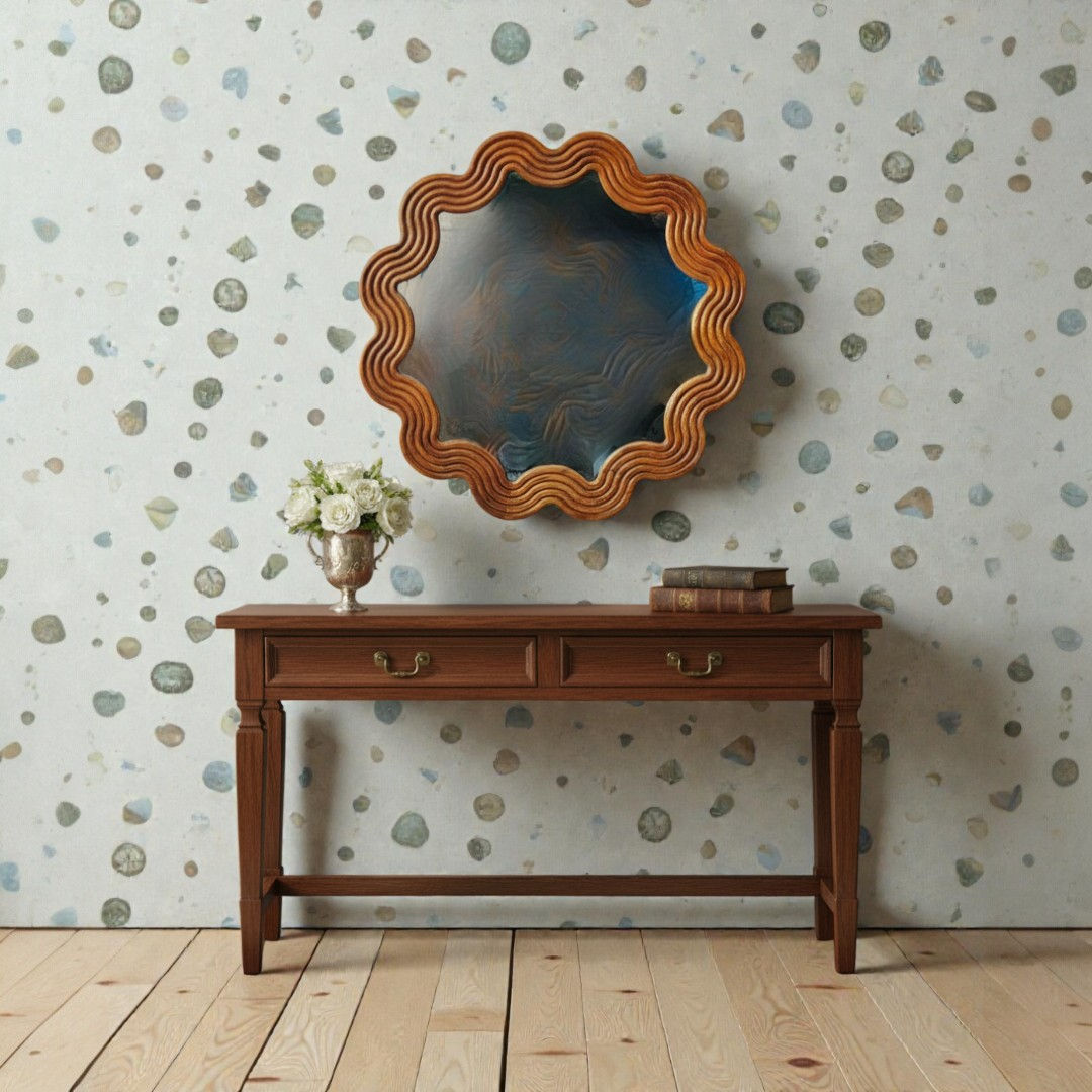 Wooden scalloped wavy-framed wall mirror