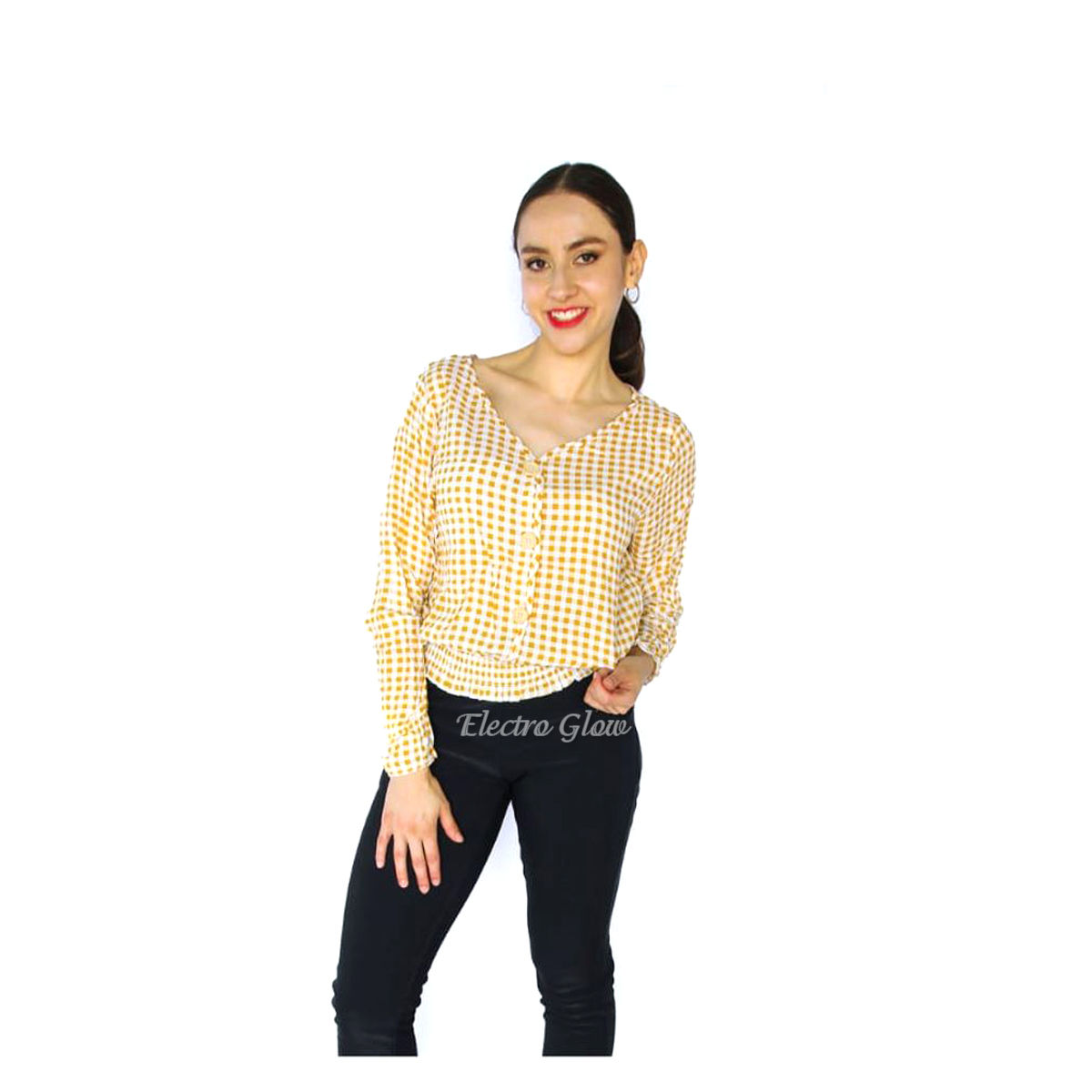 Blusa Mostaza Manga Larga de Cuadros Jera