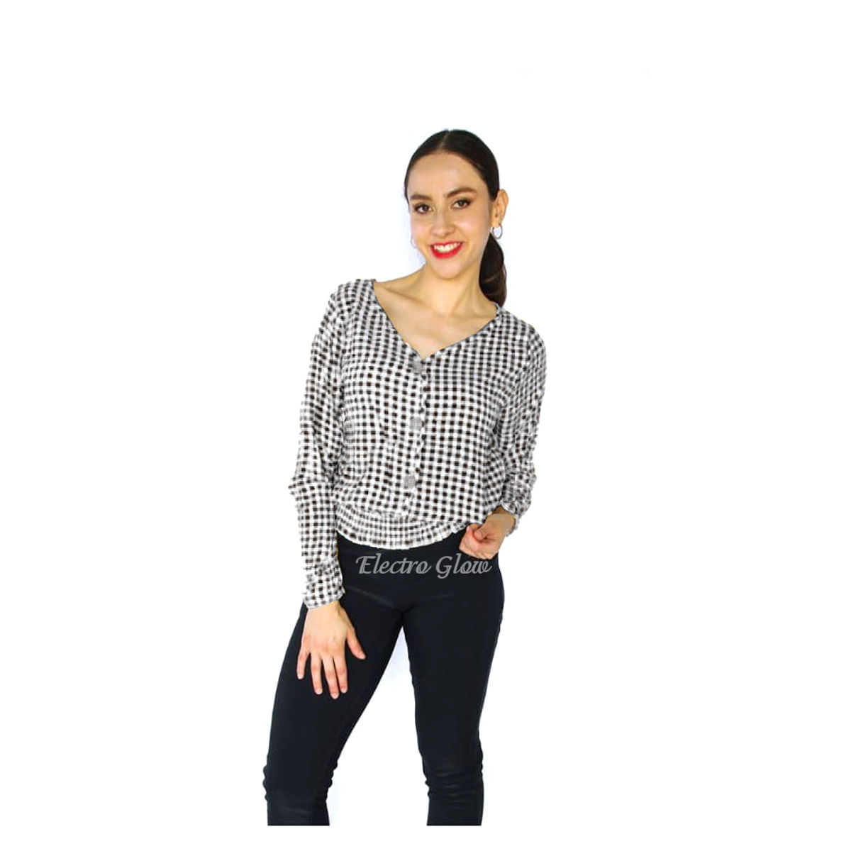 Blusa Negro Manga Larga de Cuadros Jera