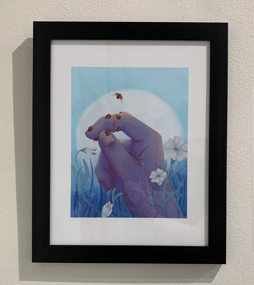 A hand coming out of the grass with several ladybugs on its fingers, with white morning glory flowers around it. One ladybug is taking flight and blood is dripping down the hand as well.