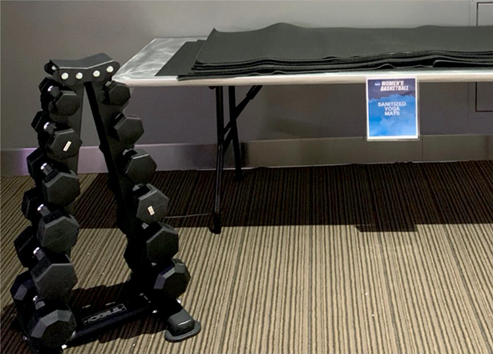 A photo of dumbell weights from the women's weight room of the 2021 NCAA tournament