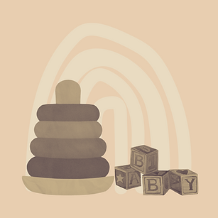 a stack of dark tan baby toy rings and dark tan leter blocks that spell out “baby,” on a beige background
