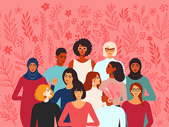 Various women of different ages and ethnicities standing in front of a pink background