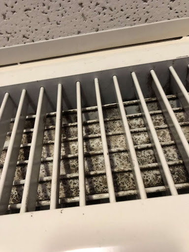 A vent in Heilman Hall with mold and mildew on the slats
