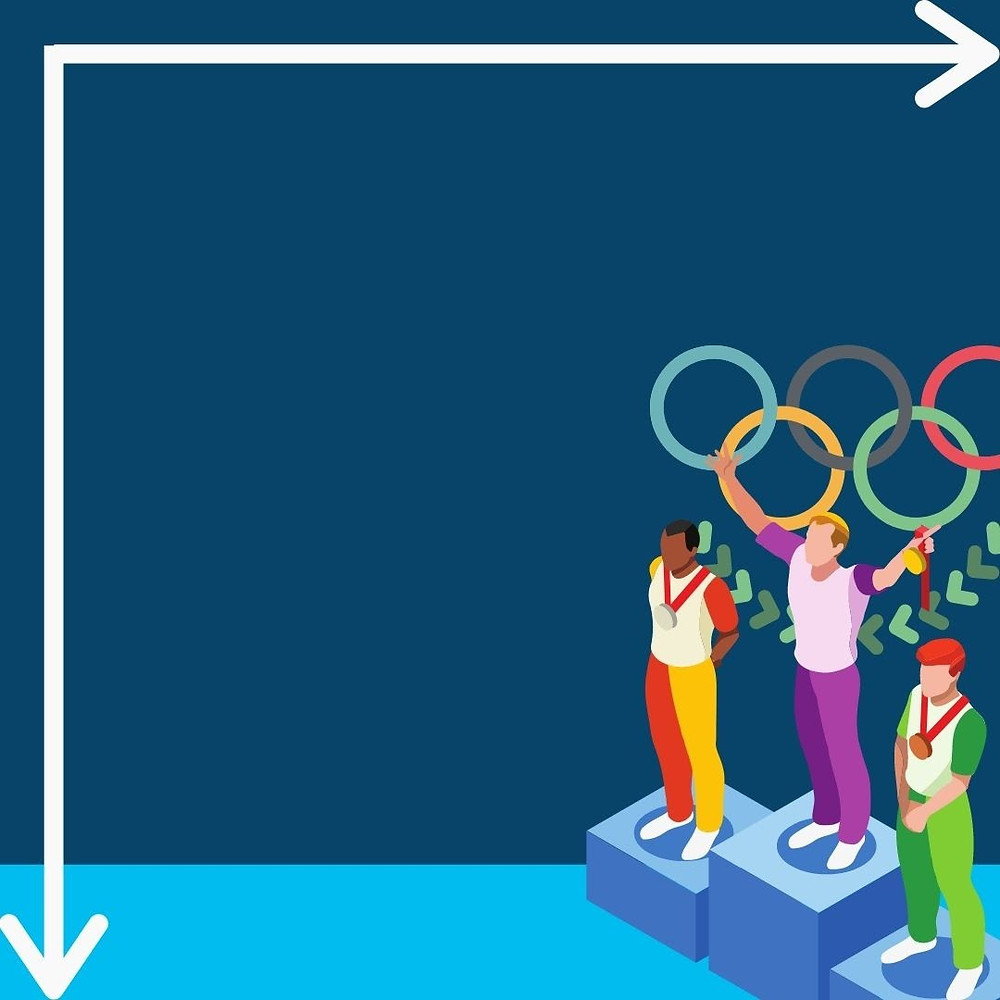 A blue background with three athletes on a podium