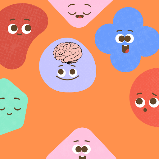 Orange background with shapes that have faces