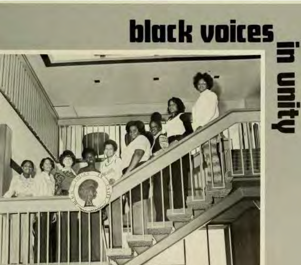An image of the first black students to attend Meredith College with the words "black voices in unity"
