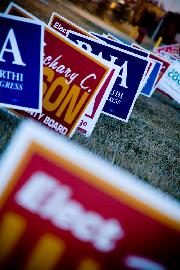 Political signs in the grass, the names of the candidates unreadable