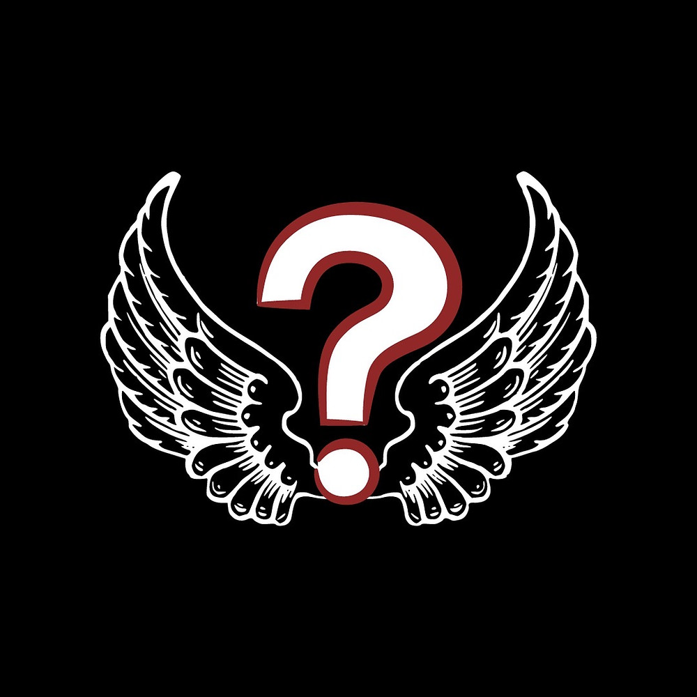 A pair of angel wings with a maroon and white question mark in the middle