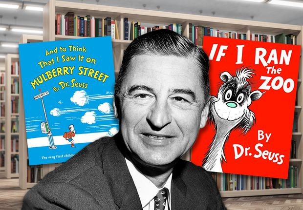 A black and white photo of Dr. Seuss in front of two of his pulled books