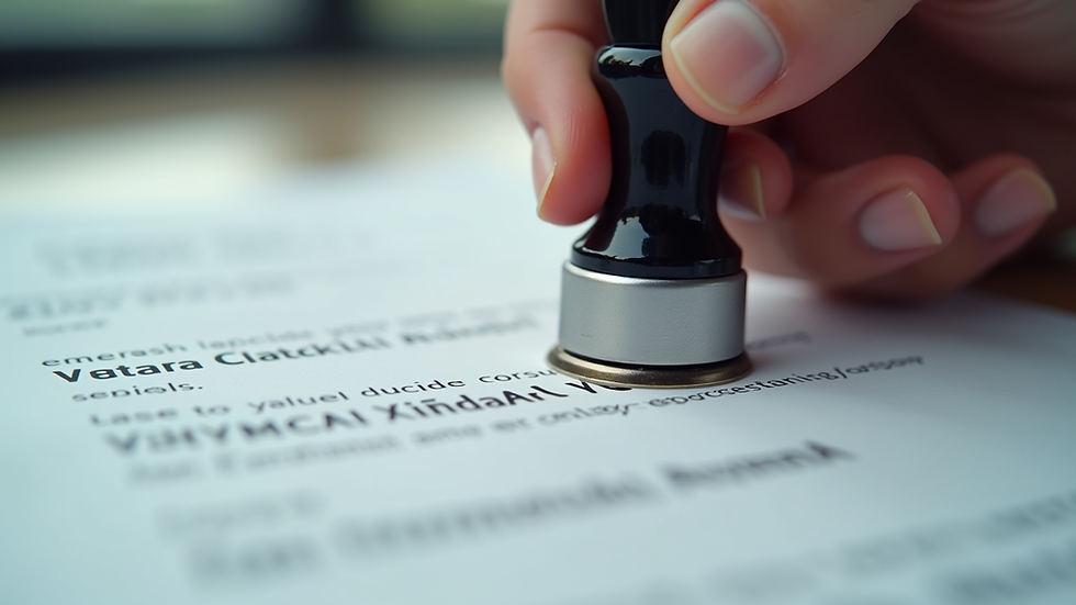 Close-up view of a stamp being applied on a legal document