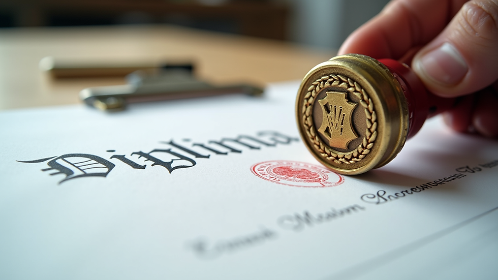 Close-up view of official stamp on diploma document