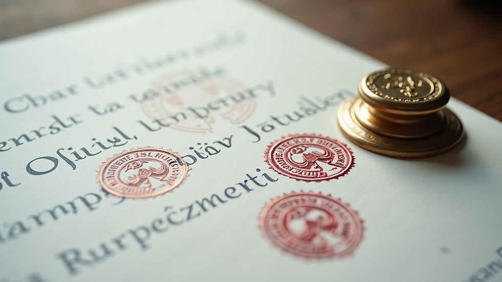 Close-up view of official stamps and seals on legal documents