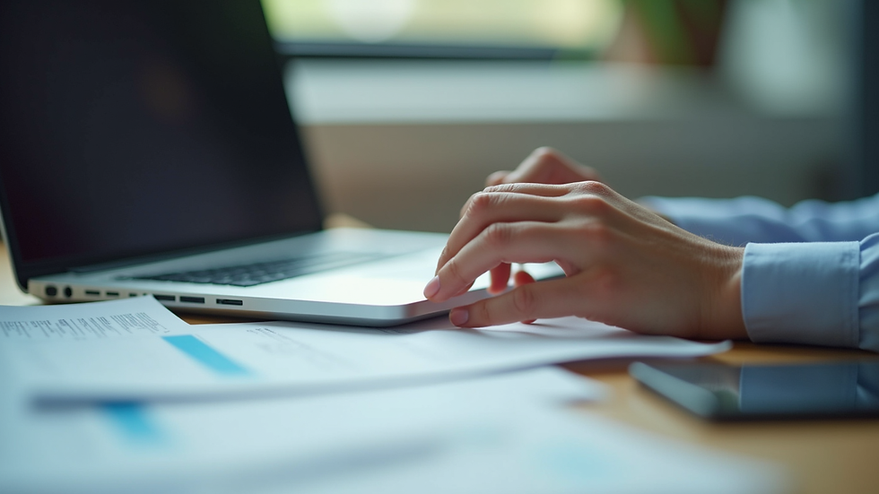 Close-up view of a translator working on a laptop with technical documents