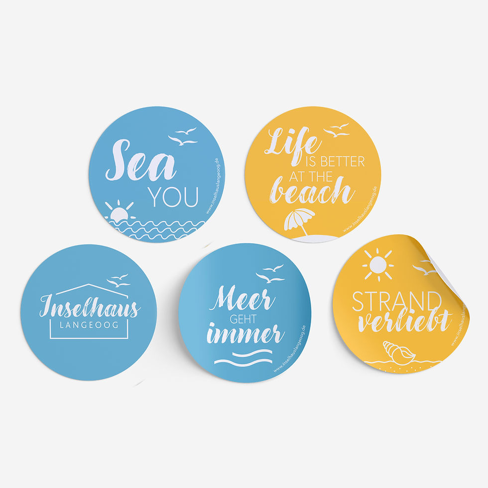 Inselhaus Langeoog Aufkleber Set bestehend aus 5 runden Aufklebern mit verschiedenen Inhalten