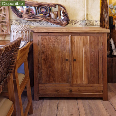 Aparador de madera de teca maciza estilo rústico colonial con acabado natural para salón, comedor o recibidor