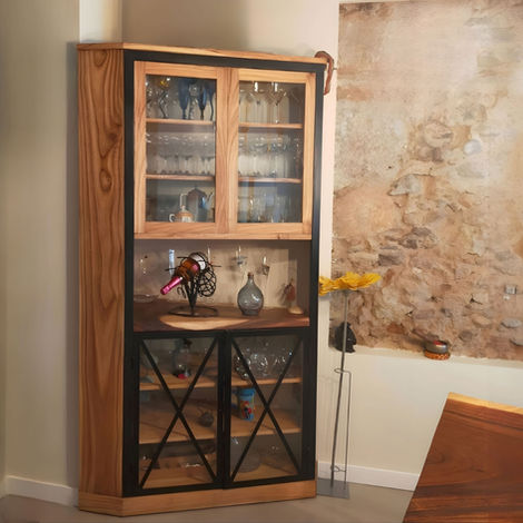 Vitrina rinconera de madera maciza y hierro estilo colonial, con puertas de cristal y cajones, mueble para esquina de salón