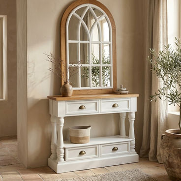 Conjunto mueble recibidor provenzal, espejo y consola blanco y natural