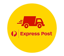 The image is a circular logo featuring the "Australia Post Express Post". It has a yellow background with a red truck icon.