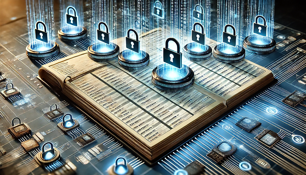 Illustration of an open book with holographic padlocks emerging from its pages.  Streams of binary code flow from the padlocks, representing data protection and encryption. 