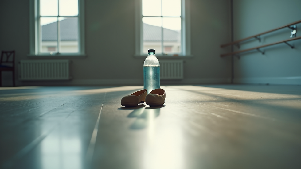 Close-up view of a dance studio floor with a pair of dance shoes and a water bottle