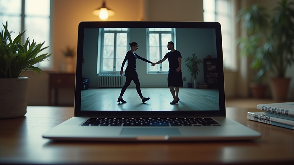 Eye-level view of a laptop screen showing an online dance tutorial