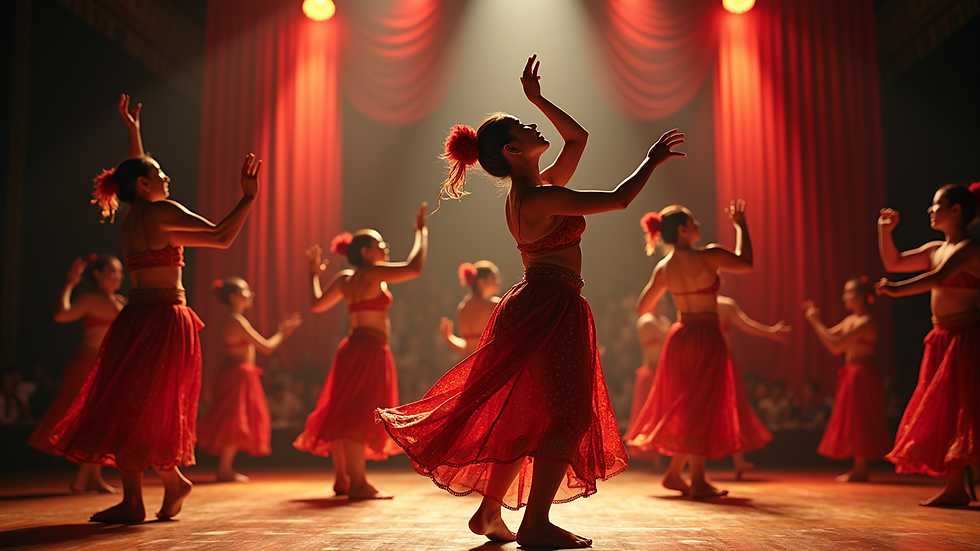Eye-level view of a colorful traditional dance performance on stage