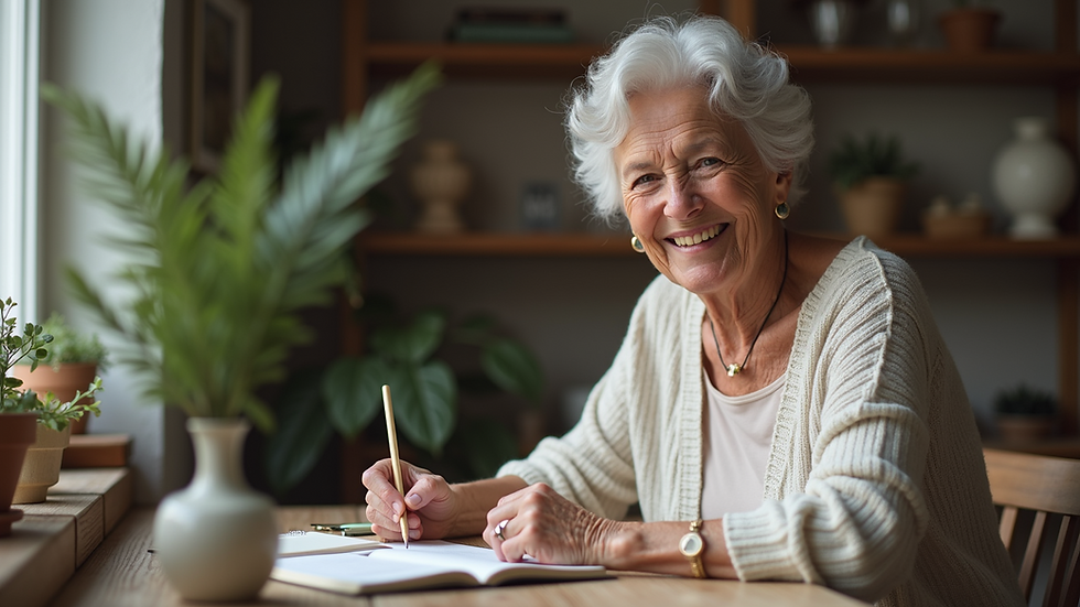 Eye-level view of a senior woman smiling while engaging in a hobby at home