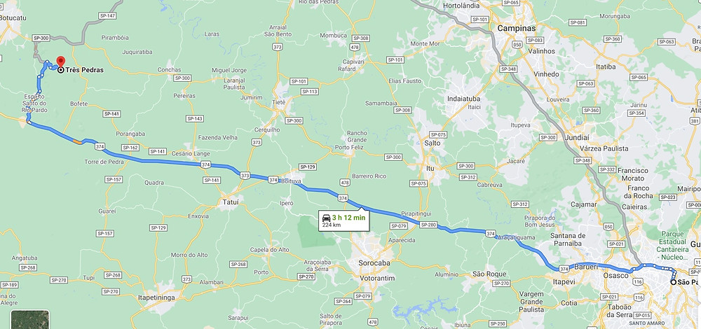 Mapa do trajeto de São Paulo Capital até 3 Pedras em Bofete